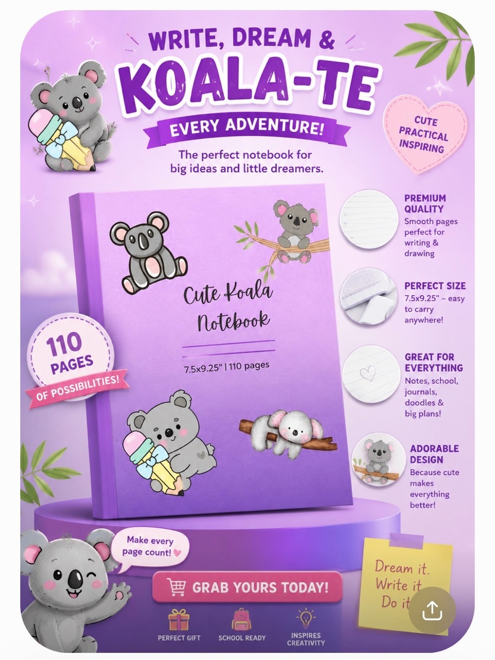 Cute Koala Notebook - 112 Lined Pages